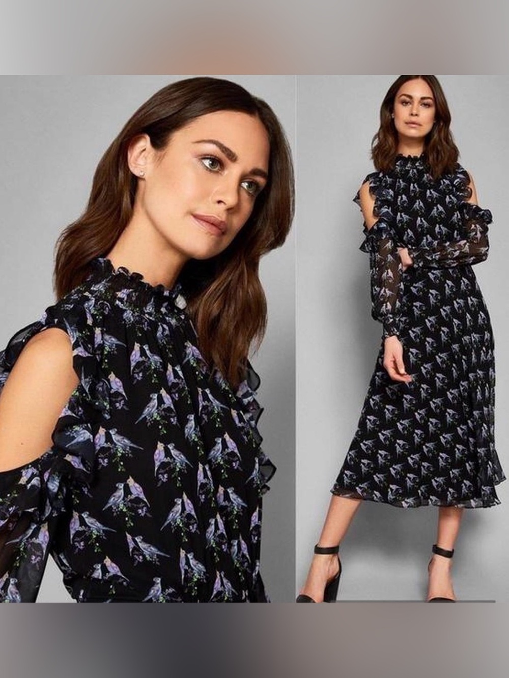 Ted Baker Hilania Love Birds Black Whimsical High Neck Maxi Dress Sz 0 /Small